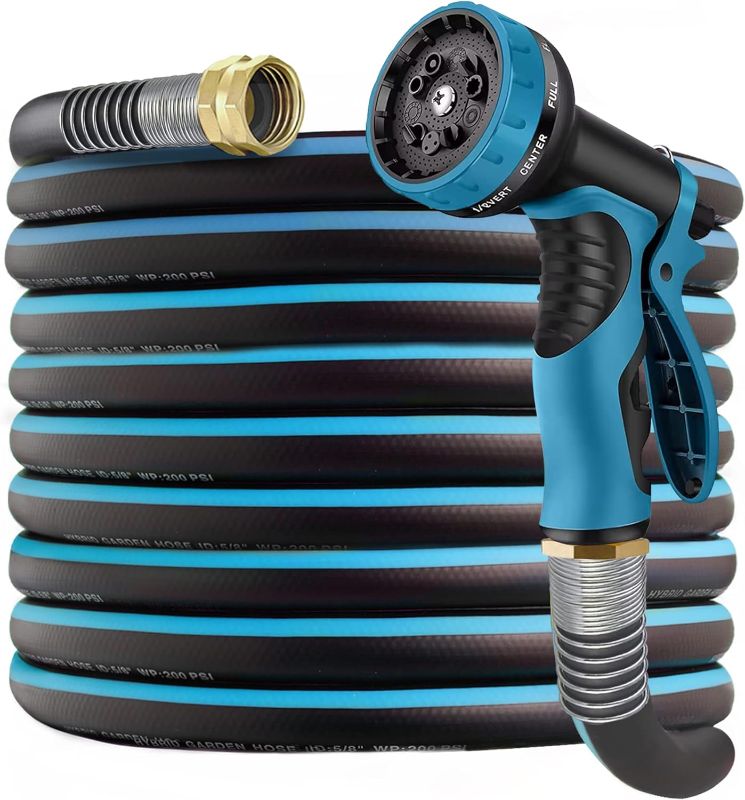 Photo 1 of 150 ft Heavy Duty Hybrid Garden Hose – Flexible & Lightweight Outdoor Water Hoses 5/8-In with 10 Pattern Spray Nozzle,Burst 600 psi,Kink-less Rubber Hose Car Washing Pipe,3/4'' Solid Brass Fittings
