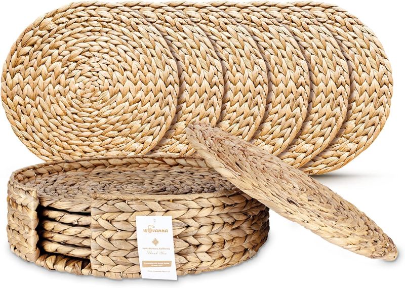 Photo 1 of Wovanna Woven Placemats for Dining Table - Set of 6 Adorable Thick Rustic Round Kitchen Placemats with Decorative Round Holder – All Natural Wicker Tablemats Hand-Braided from Water Hyacinth, 13.5"
