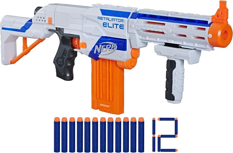 Photo 1 of Nerf N-Strike Elite Retaliator Dart Blaster, Stock, Grip, Barrel, 12-Dart Clip, 12 Elite Darts, Kids Outdoor Toys for 8 Year Old Boys & Girls and Up (Amazon Exclusive) 