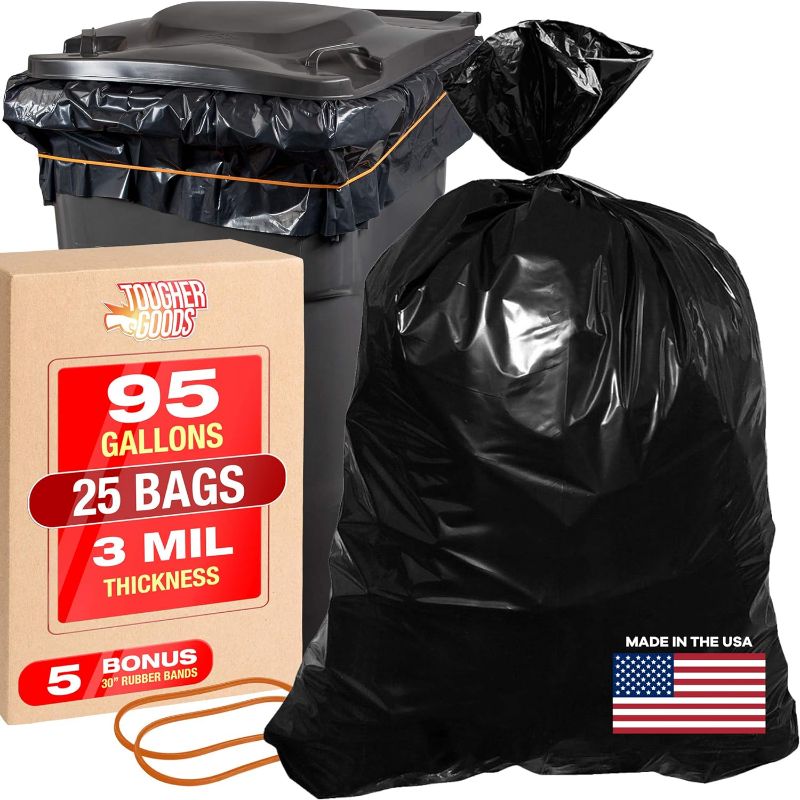 Photo 1 of 3 Mil Contractor Bags - 95 Gallon Heavy Duty Black Garbage Can Liner for Trash, Storage, Yard Waste, 61 x 68 Commercial Use Industrial Grade Construction...
