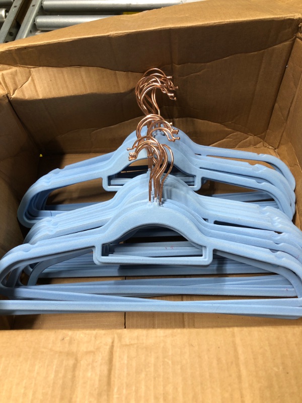 Photo 3 of  Baby Velvet Hangers with 360° Swivel Rose Gold Hook, 10.95" Non-Slip Toddler Hangers, Ultra Thin Space Saving Children's Clothes Hanger, 25 Pack (Blue) 