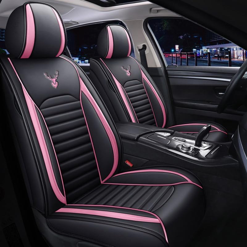 Photo 1 of "N/A" ASEAUTO 03 Leather Car Seat Covers Cartoon Full Set Universal Fit 5 Seats Car Surrounded Waterproof Leather Car Seat Covers Protector Adjustable Auto Seat Cushions for Gift(Black&Pink) 