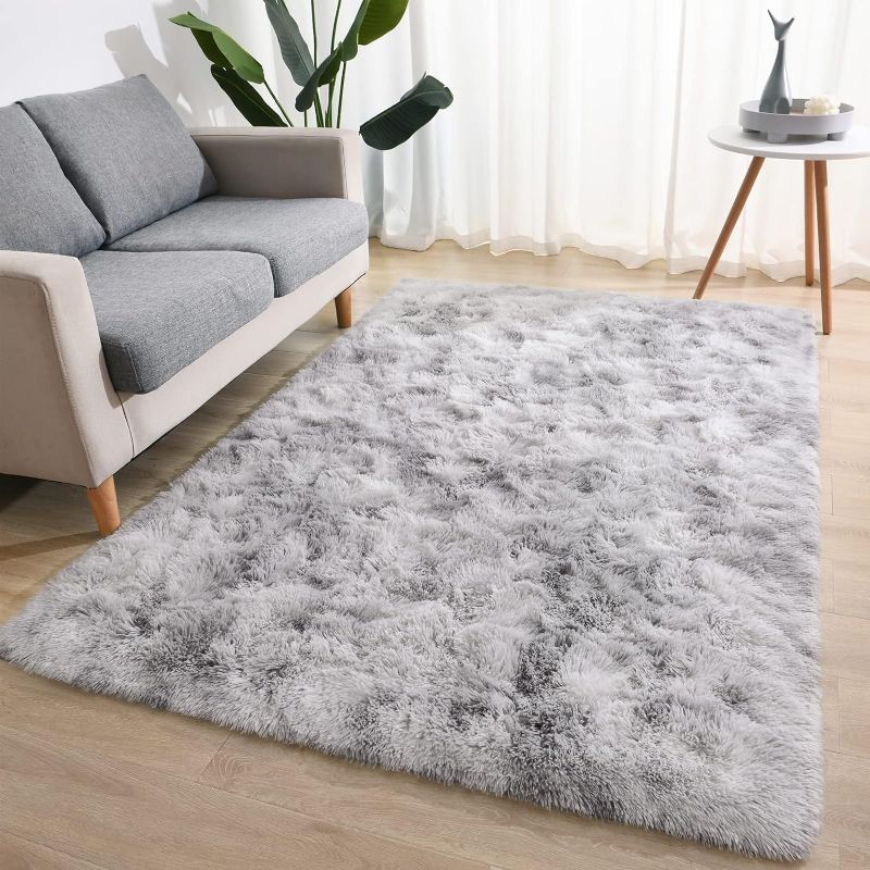 Photo 1 of  Fluffy Rug for Bedroom, Gray' Furry Shag Area Carpets, Anti-Slip Plush Shaggy Fur Throw Rugs for Kids Girls Nursery Dorm Living Room Classroom Home Decor,Tie Dyed Light Grey 