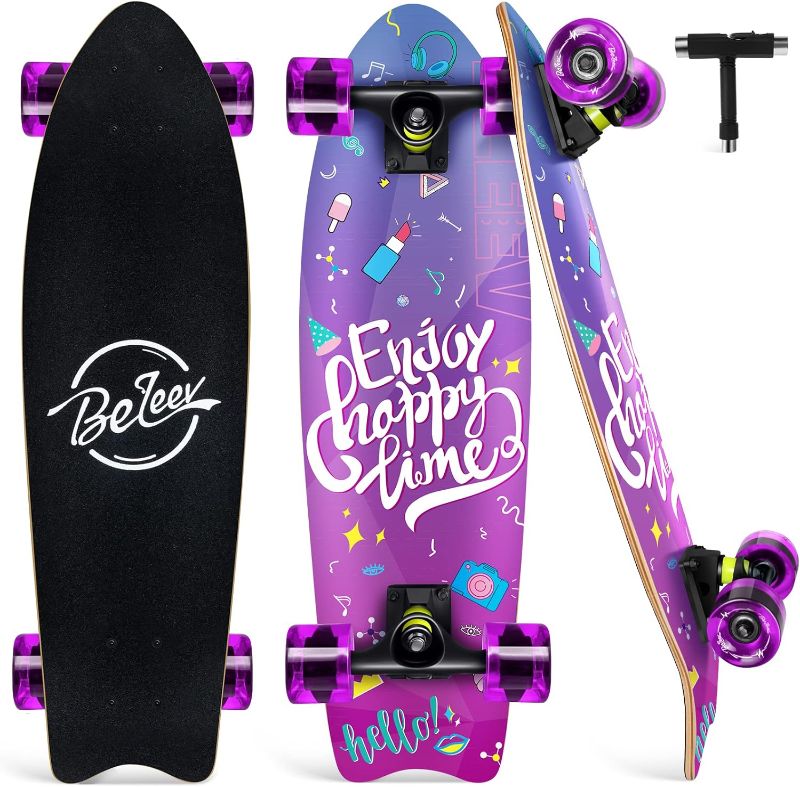 Photo 1 of BELEEV Cruiser Skateboards for Beginners, 27x8 inch Complete Skateboard for Kids Teens Adults, 7 Ply Canadian Maple Double Kick Deck Concave Trick Skateboard with All-in-One Skate T-Tool https://a.co/d/3O0Hfj2