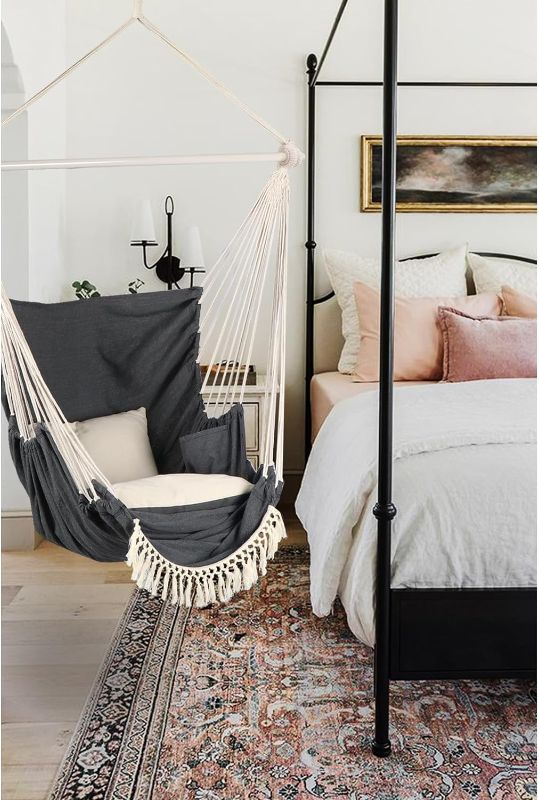 Photo 1 of 
Chihee Hammock Chair Hanging Swing Cushions Suspension Strap Carabiner Included,Foot Rest Support Calf Foot Durable Metal Spreader Bar Soft Cotton Woven Hanging Chair Side Pocket Large Tassel Chair https://a.co/d/hS86mRh