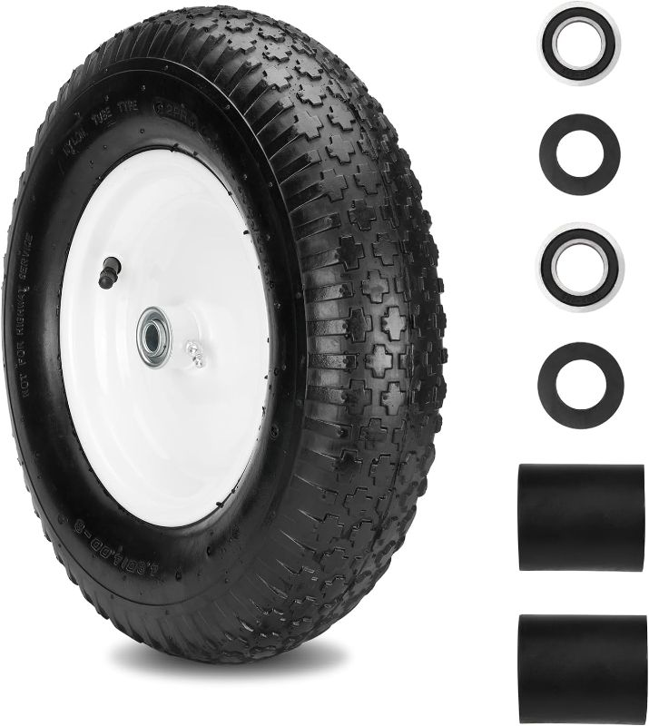 Photo 1 of 4.80/4.00-8" Pneumatic Wheelbarrow Wheel and Tires with 2" Center Hub and 5/8" Bearings, 4.80 4.00-8 Tire and Wheels for Wheelbarrow and Yard Cart Garden Wagon (1-Pack) 