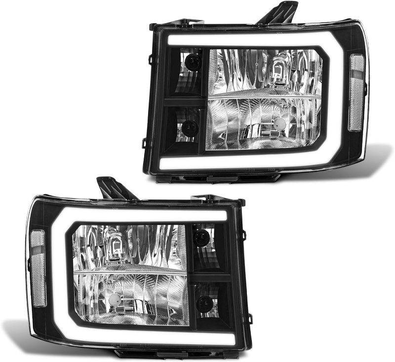Photo 1 of ADCARLIGHTS for 2007-2014 Sierra Headlight Assembly with LED bar competible with 07-13 GMC Sierra 1500/07-14 GMC Sierra 2500HD 3500HD Black Housing with Clear Reflector Headlamp Replacement LH+RH https://a.co/d/2ClWUSG