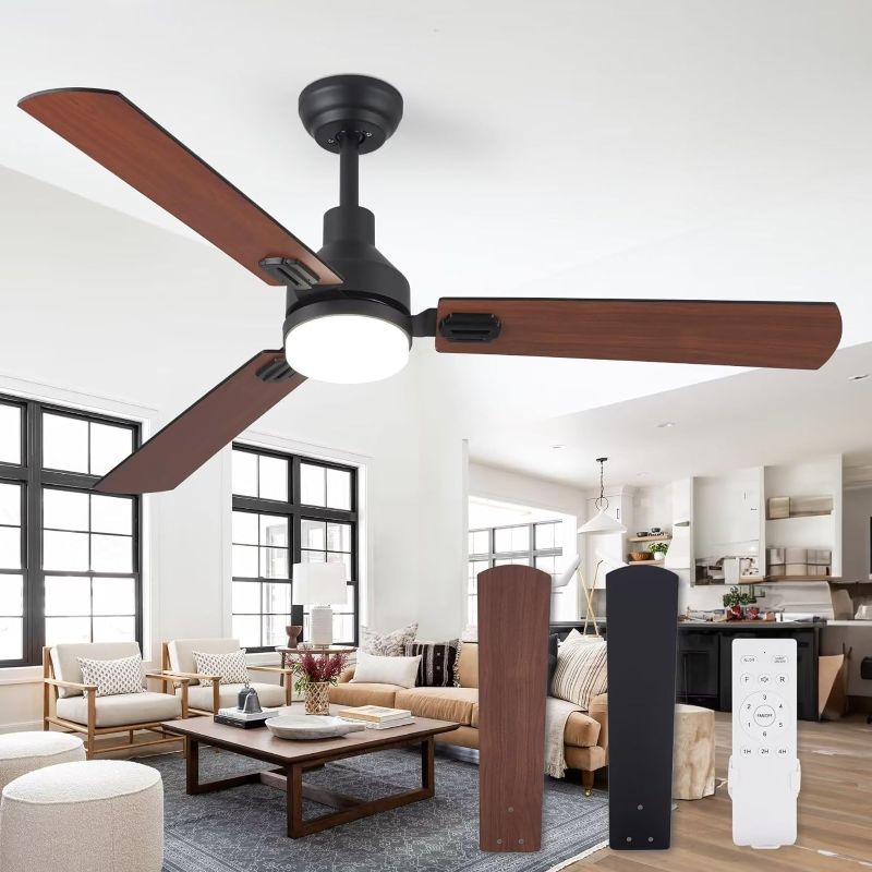 Photo 1 of ZMISHIBO 52 Inch Ceiling Fan With Light Remote Control, Indoor And Outdoor LED Ceiling Fans, 3 Color Temperatures, Quiet Reversible DC Motor, Dual Finish Blades (Modern Black & Farmhouse Walnut)
