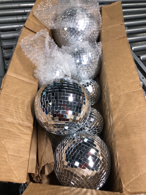 Photo 3 of 8 Pcs Large Disco Ball Set Silver Mirror Disco Balls Reflective Ball with Hanging Ring Party Hanging Ornament Decoration for Stage Club Ballroom Dance Hall Wedding Prom Props Supplies, 8'' 6'' 4'' 8'', 6'', 4''