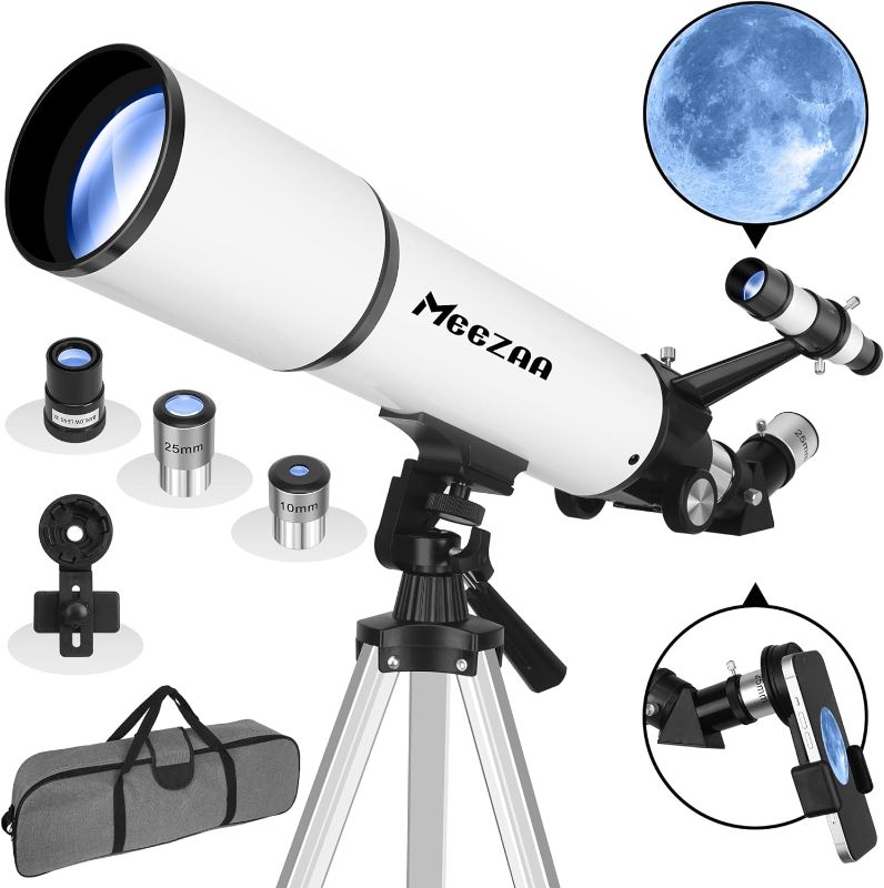 Photo 1 of MEEZAA Telescope for Adults Astronomy, 80mm Aperture 600mm Refractor Telescope for Kids & Beginners, Fully Multi-Coated Optics High Transmission Telescopes with Tripod & Phone Adapter & Carrying Bag
