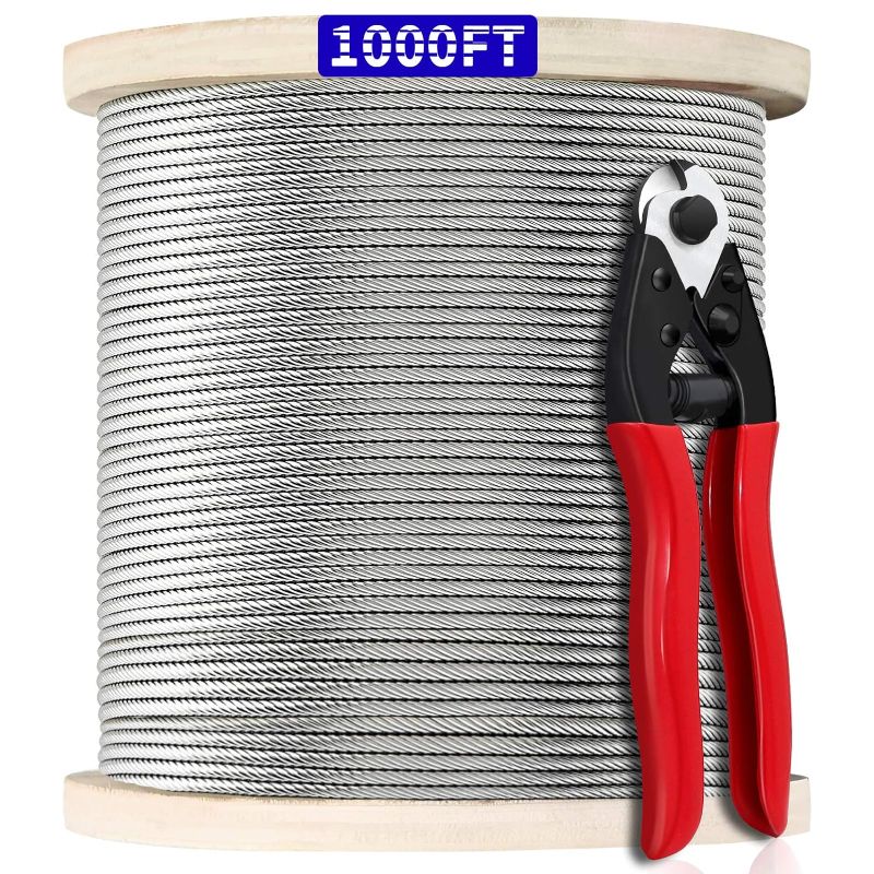 Photo 1 of 1000FT 1/8" T316 Stainless Steel Cable, Wire Rope Aircraft Cable for Deck Cable Railing Kit, 7 x 7 Strands Construction,DIY Balustrades, Come with a Cutter…
