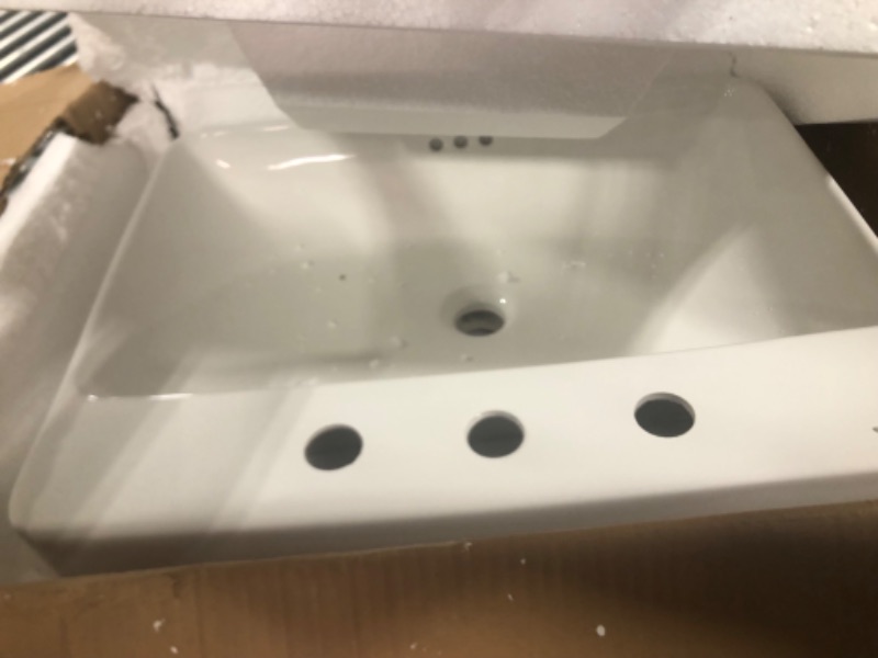 Photo 2 of Aquaterior 23" x 18" Rectangle Drop In Bathroom Sink White Ceramic Above Counter Semi Recessed Vessel Sink with Widespread Faucet Holes,Drain 23x18 in White