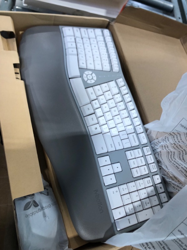 Photo 3 of MEETION Ergonomic Wireless Keyboard and Mouse, Ergo Keyboard with Vertical Mouse, Split Keyboard with Cushioned Wrist Palm Rest Natural Typing Rechargeable Full Size, Windows/Mac/Computer/Laptop, Gray Large White Gray