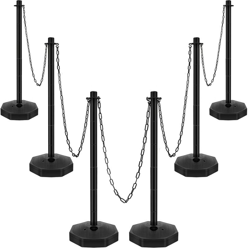 Photo 1 of Black Plastic Stanchion Set Traffic Delineator Post Cones with Fillable Base 6.6 ft Plastic Chain and S Hooks Crowd Control Parking Barrier for Traffic Caution Parking Lot Construction Roads (6 Sets)
