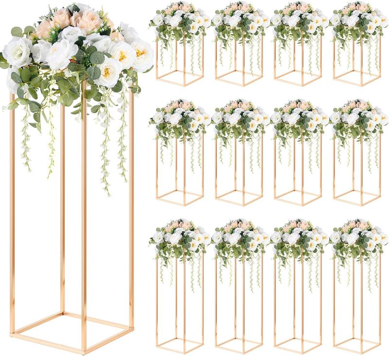 Photo 1 of BBTO 12 Pcs Metal Flower Stand Wedding Centerpieces for Tables Pedestal Stands Gold Column Vases Pillar Rectangular Geometric Flower Rack for Event Party Decor, 3 Sizes