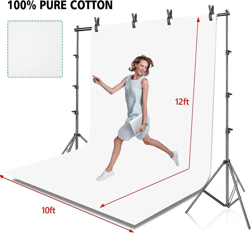 Photo 1 of 
HYJ-INC Photo Background Support System with 10 x 10ft Backdrop Stand Kit,10 x12ft 100% White Cotton Muslin Backdrop,Clamp,Carry Bag for Photography Video