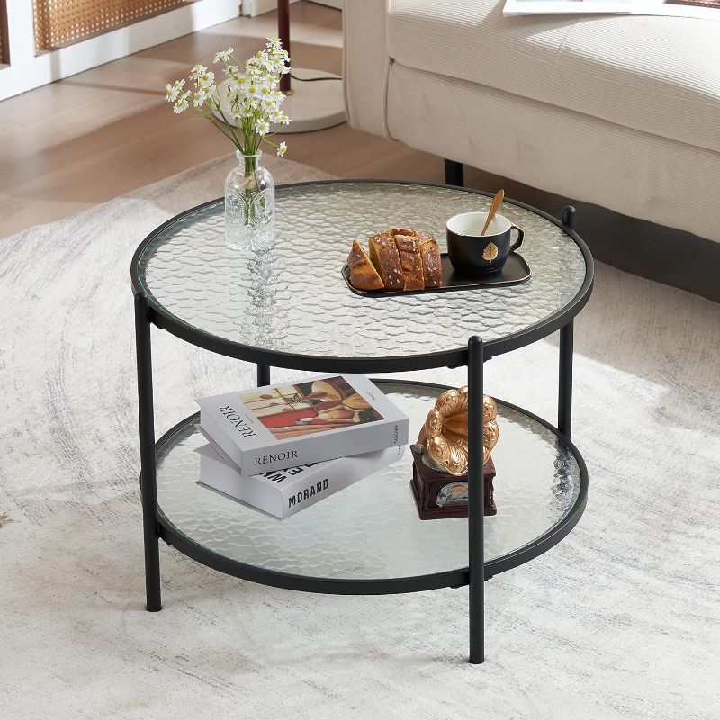 Photo 1 of 
VINGLI 25.6" Small Matte Black Round Coffee Table Water-Wave Glass Circle Clear Coffee Table, Center Table with 2-Tier Modern Storage Design for Living