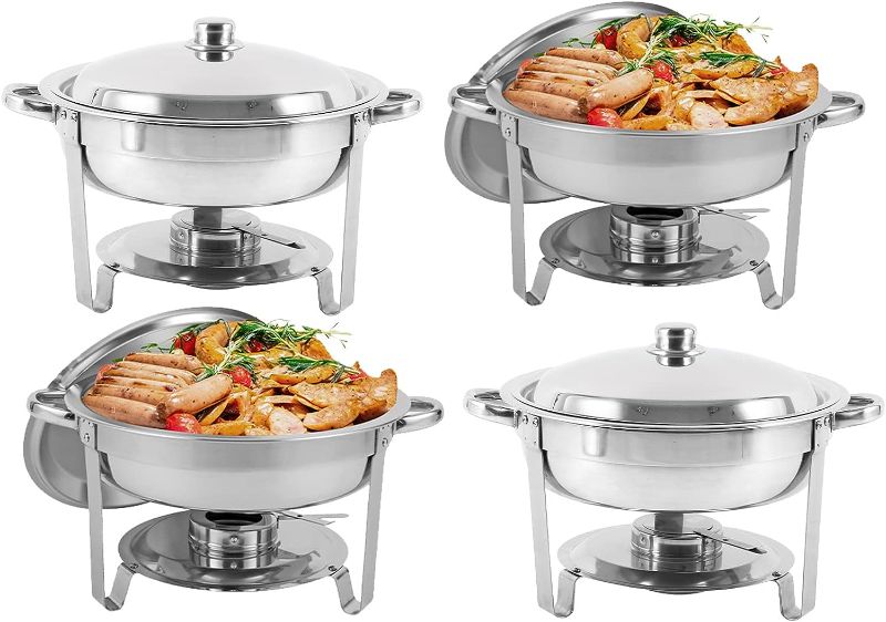 Photo 1 of 
Restlrious 4 Packs Round Chafing Dishes Stainless Steel Chafers and Buffet Warmers Sets 5QT Large Capacity w/Water Pan, Food Pan, Fuel Holder and Lid for