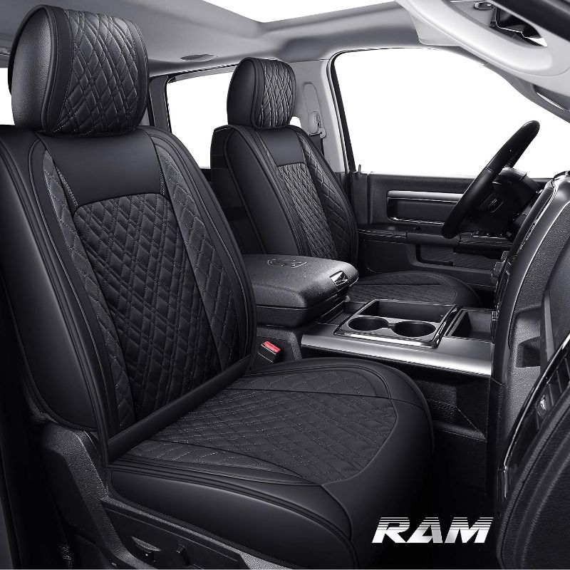 Photo 1 of YIERTAI Dodge Ram Car Seat Covers Fit 2009-2023 1500 2010-2023 2500 3500 Pickup Classic Laramie Bighorn Longhorn Waterproof Leather, Full Set Black-Red 5 PCS Full Set/Black-Red