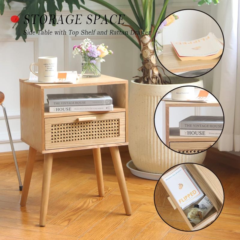 Photo 1 of 
MaxSmeo Modern Nightstand Rattan Side End Table with Storage, for Living Room, Bedroom and Small Spaces, Accent Bedside Farmhouse Tables with Solid Wood