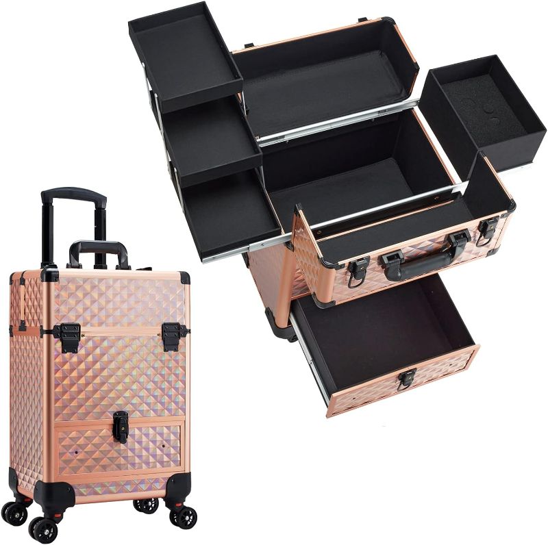 Photo 1 of Hododou Rolling Makeup Case Large Storage Cosmetic Trolley with Sliding Drawer Makeup Train Case with Key Swivel Wheels Salon Barber Box Traveling Cart Trunk for Beauticians Nail Tech Hairstylists - Rose Gold