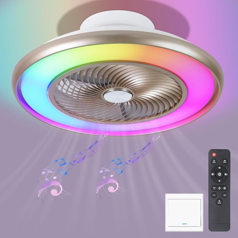 Photo 1 of 22"Bladeless Low Profile Ceiling fans With Lights and Remote, Modern Flush Mount Enclosed 7-Color RGB Ceiling Fan With Smart APP Control Music Speaker For Bedroom Living Room Party 