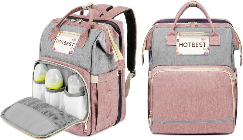 Photo 1 of HOTBEST Diaper Bag Backpack, Large Baby Bag, Nappy Changing Bags with Changing Pad, Multifunction Waterproof Travel Essentials Baby Bag with USB port, Unisex and Stylish(Pink Gray)