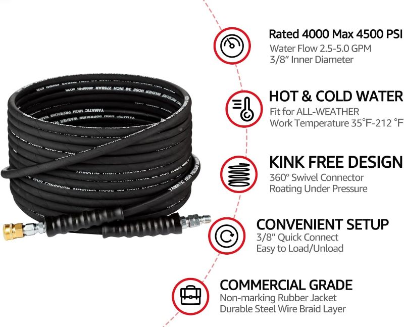 Photo 1 of  Pressure Washer Hose 50FT Hot Water Power Washer Hose Max 212°F with Swivel Quick Connect, 4000 PSI Commercial Grade Steel Wire Braided & Synthetic Rubber Jacket, Kink Resistant