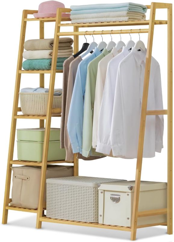 Photo 1 of  Bamboo Garment Rack Multi-Functional Garment Rack for Bedroom Living Room - Spacious and Stylish 5 Tier Bamboo Garment Rack with Trapezoidal...
