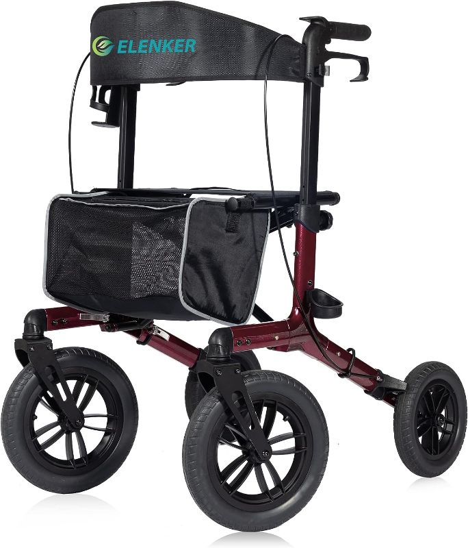 Photo 1 of 
ELENKER All-Terrain Rollator Walker with Non-Pneumatic Tire 12” Front Rubber Wheels, Compact Folding Design for Seniors,