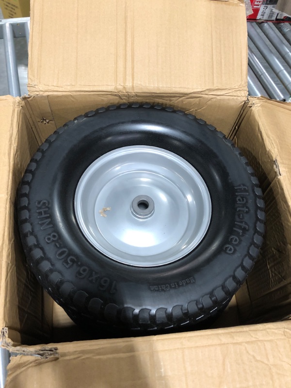 Photo 3 of (2-Pack) 16x6.50-8 Tire and Wheel Flat Free - Solid Rubber Riding Lawn Mower Tires and Wheels - With 3" Offset Hub and 3/4" Bushings - 16x6.5-8 Tractor Turf Tire Turf-Friendly 3mm Treads 16x6.50-8 Flat-Free Silver