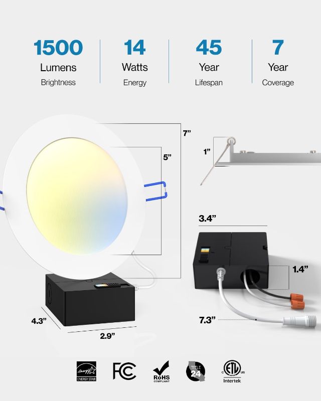 Photo 1 of 5CCT 6 Inch Ultra Thin LED Recessed Ceiling Lights Slim, 1500LM High Brightness, 2700K/3000K/3500K/4000K/5000K Selectable, Dimmable, 14W, Canless Wafer with Junction Box - Energy Star