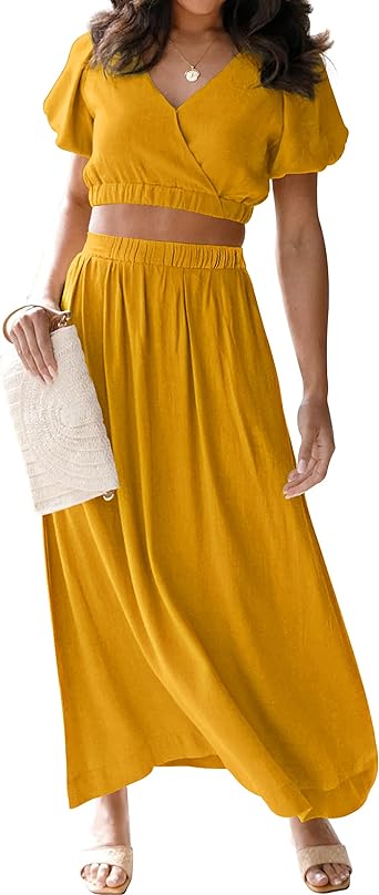 Photo 1 of MEROKEETY Women's 2023 Summer Two Piece Outfits V Neck Puff Sleeve Crop Top and Flowy Maxi Skirt Set Yellow M