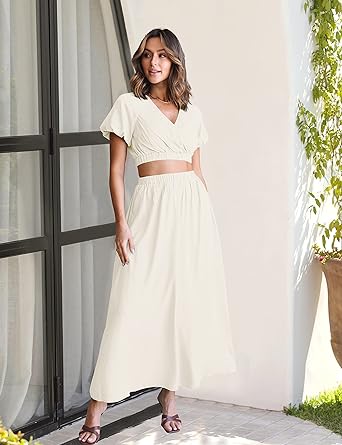 Photo 1 of MEROKEETY Women's 2023 Summer Two Piece Outfits V Neck Puff Sleeve Crop Top and Flowy Maxi Skirt Set M Medium