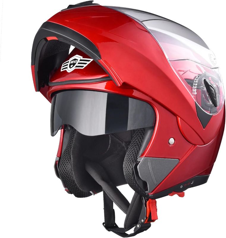 Photo 1 of AHR Motorcycle Helmet Dual Visor Modular Flip up Full Face Helmet DOT Approved - AHR Helmet Run-M1 & M3 for Adult Motorbike Street Bike Moped Racing M1 - Red Large