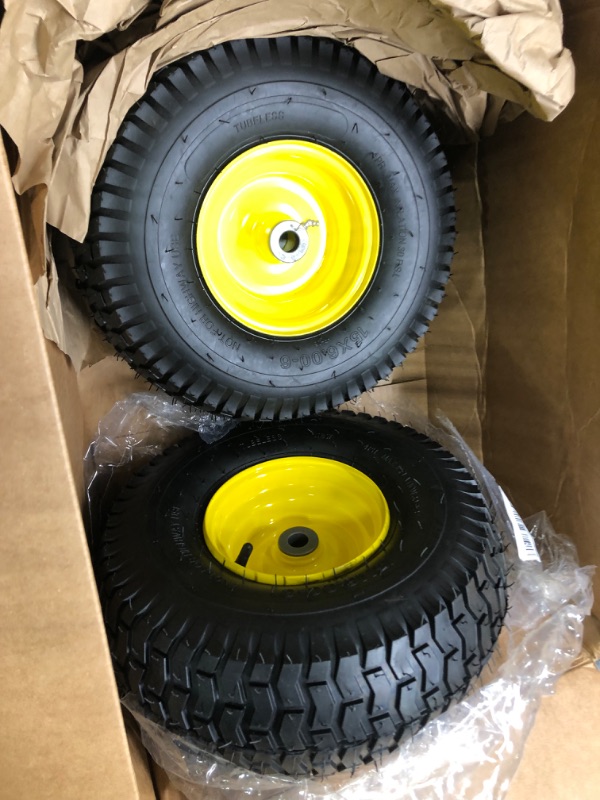 Photo 3 of 2 PCS 15x6.00-6 Lawn Mower Tires with Wheel,Front Tire Assembly Replacement for John Deere,Cub Cadet and More Lawn &Garden Riding Mower,4 Ply Tubeless,570lbs Capacity,3" Offset Hub