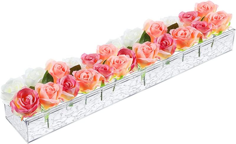 Photo 1 of 24'' Acrylic Flower Vase Rectangular with Holes Long Clear Vases for Centerpieces Rectangle Floral Arranger Wedding Dining Table Decor Home Votives Rose Holder Gift Set (Stone Pattern)
