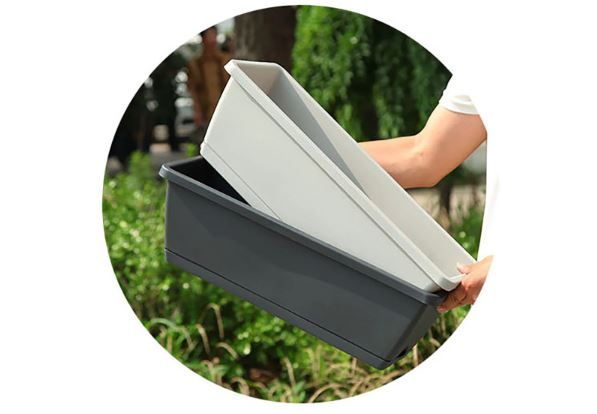 Photo 1 of 17" Window Box Planter, 2 Pack, Plastic Vegetable Flower Planters Boxes Rectangular Flower Pots with Saucers for Indoor Outdoor Garden Patio Home Decor (BOTH Light Gray)