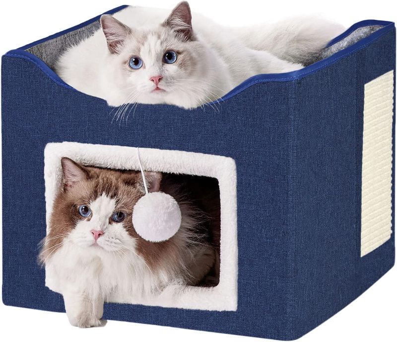 Photo 1 of BEDELITE Cat Beds for Indoor Cats - Cat House with Scratch Pad and Cat Ball Toy, Foldable Cat Condo/Kitten Bed, Cat Cave for Hideaway,15.4×15.4×12.6 inches(Blue)