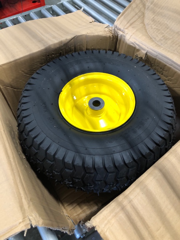 Photo 3 of (2 Pack) AR-PRO Exact Replacement 15" x 6.00 - 6" Front Tire and Wheel Assemblies for John Deere Riding Mowers - Compatible with John Deere 100 and D100 Series - 3” Hub Offset and 3/4” Bushings 15" x 6.00-6" Yellow