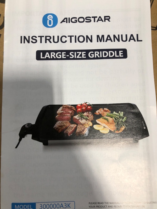 Photo 3 of *Aigostar Sandwich Maker NOT INCLUDED* Electric Griddle with Non-stick Deep Grid Surface for Egg, Ham, Steaks, 1500W Pancake Griddle 8-Serving Electric Indoor Grill 20” x 10” Family-Sized