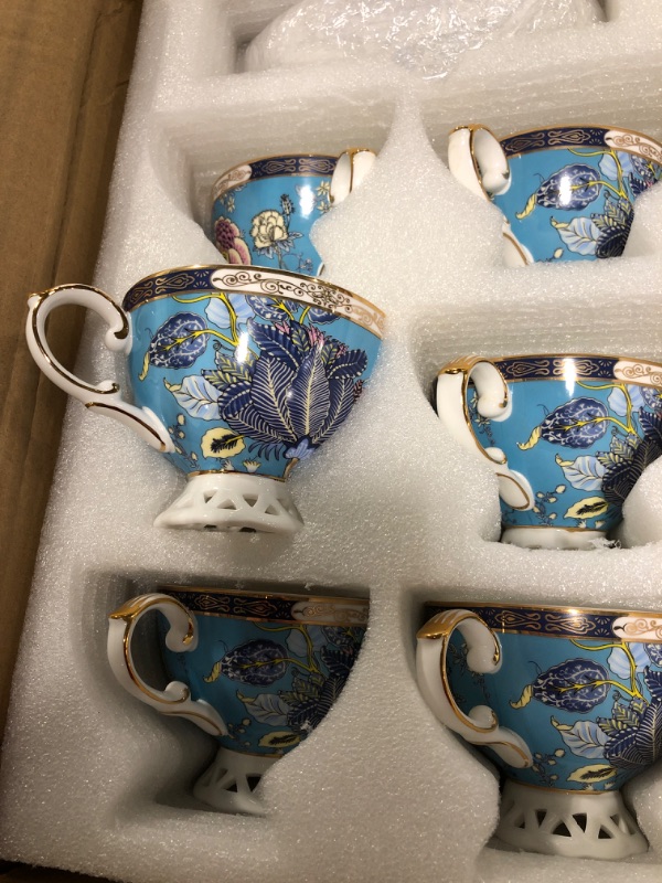 Photo 5 of ACMLIFE Bone China Tea Set for 6 Adults, 21 Piece Blue and White Porcelain Tea Set, Vintage Floral Tea Sets for Women Tea Party or Gift Giving Blue Flower