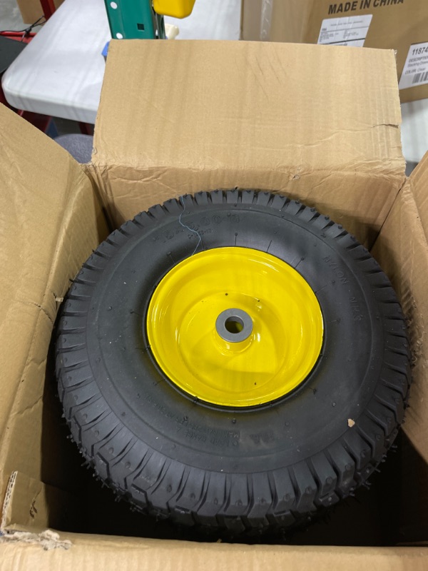 Photo 2 of (2 Pack) AR-PRO Exact Replacement 15" x 6.00 - 6" Front Tire and Wheel Assemblies for John Deere Riding Mowers - Compatible with John Deere 100 and D100 Series - 3” Hub Offset and 3/4” Bushings 15" x 6.00-6" Yellow