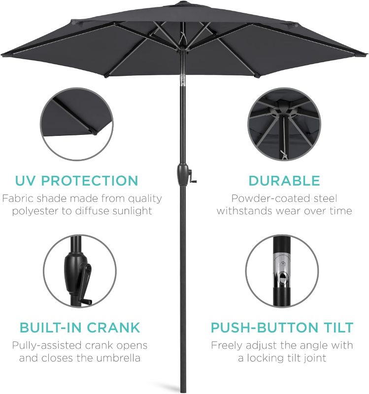 Photo 1 of 7.5ft Heavy-Duty Round Outdoor Market Table Patio Umbrella w/Steel Pole, Push Button Tilt, Easy Crank Lift - Black