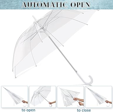 Photo 2 of  1 Pack Clear Umbrella Wedding Stick Umbrellas Automatic Open Clear Umbrella with J Hook Handle Canopy Windproof Umbrella for Wedding Rain Bride