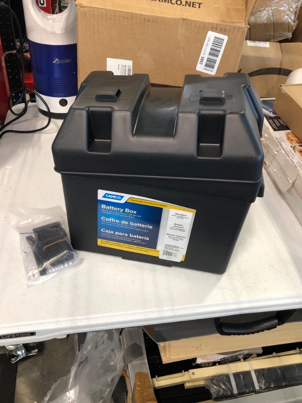 Photo 3 of Camco Heavy Duty Battery Box with Straps and Hardware - Group 24 |Safely Stores RV, Automotive, and Marine Batteries |Durable Anti-Corrosion Material | Measures 7-1/4" x 10-3/4" x 8" | (55363) Frustration Free Packaging Regular Battery Box