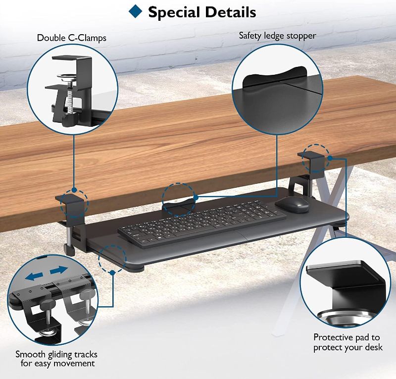 Photo 1 of BONTEC Keyboard Tray Gaming Under Desk Colored Carbon Fiber, Pull Out Keyboard & Mouse Tray with C Clamp, 25.6“x 11.8“ Steady Slide-Out Computer Drawer for Typing, Perfect for Home or Office, Black 

