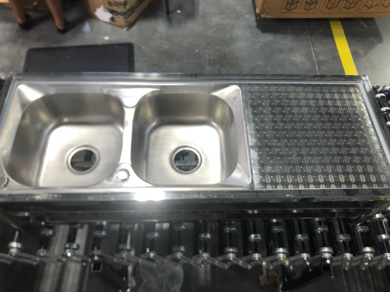Photo 1 of Commercial Restaurant Sink - Stainless Steel Utility Sink Free-standing Kitchen Sink Set Double Bowl Kitchen Sinks Commercial Pull Faucet Kitchen Sink & Faucet Combo with Strainer, 47Inch Rectangular Double Bowles with Workstation