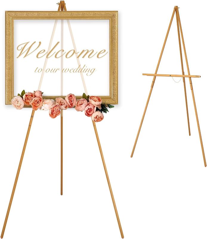 Photo 1 of VISWIN 63" Wooden Tripod Display Easel Stand for Wedding Sign, Poster, A-Frame Artist Easel Floor with Tray for Painting, Canvas, Foldable Easel - Gold