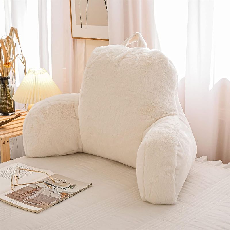 Photo 1 of A Nice Night Faux Fur Reading Pillow Bed Wedge Large Adult Children Backrest with Arms Back Support for Sitting Up in Bed/Couch for Bedrest,Ivory